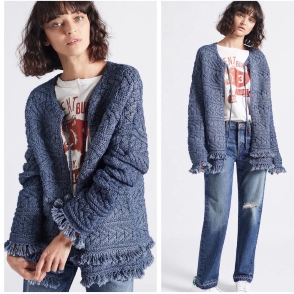 CURRENT/ELLIOTT Indigo Cable Knit Fringe Open Cardigan Sweater 2 M Boho Cozy